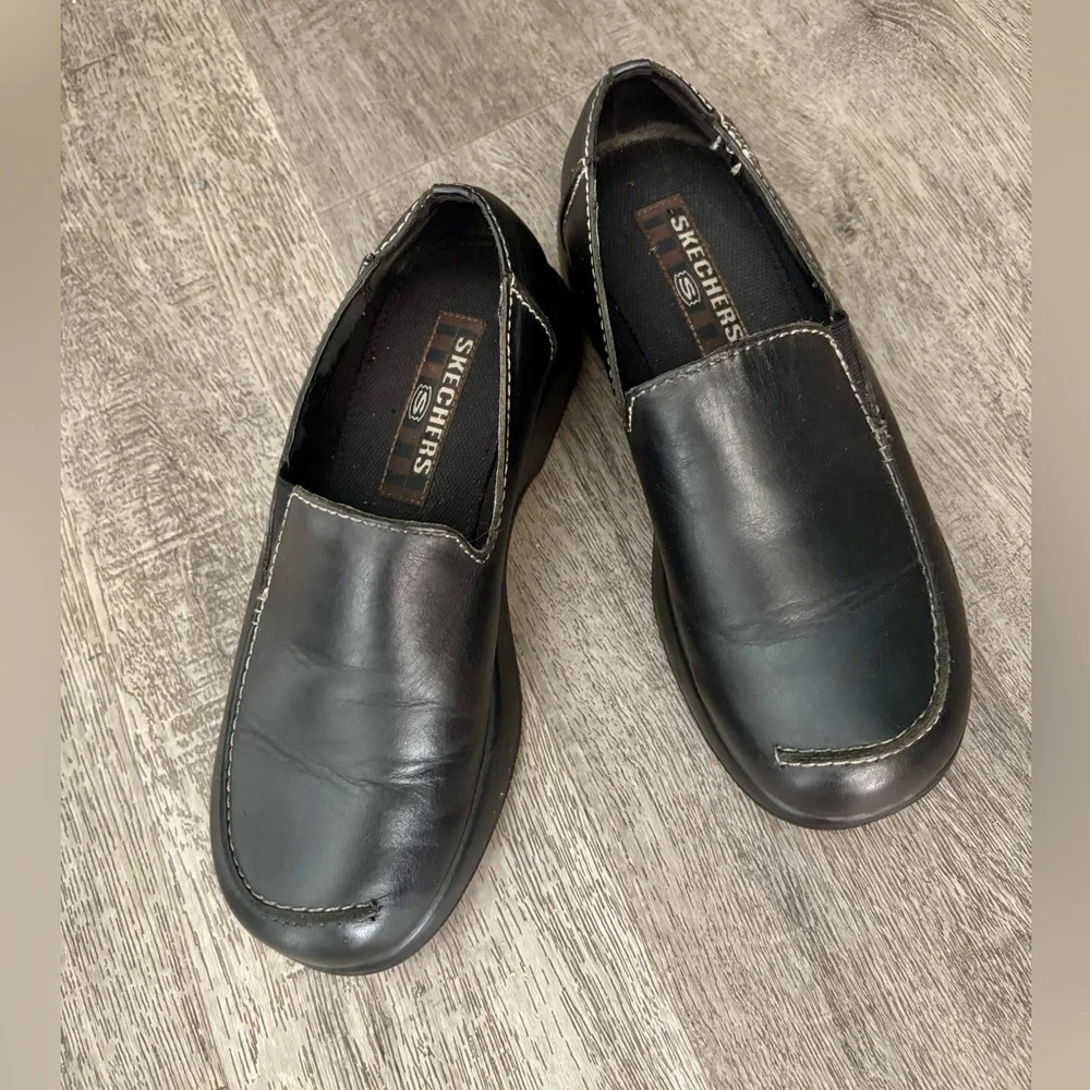 Vintage Y2K Sketchers Chunky Heel  Shoes Black Leather 7.5